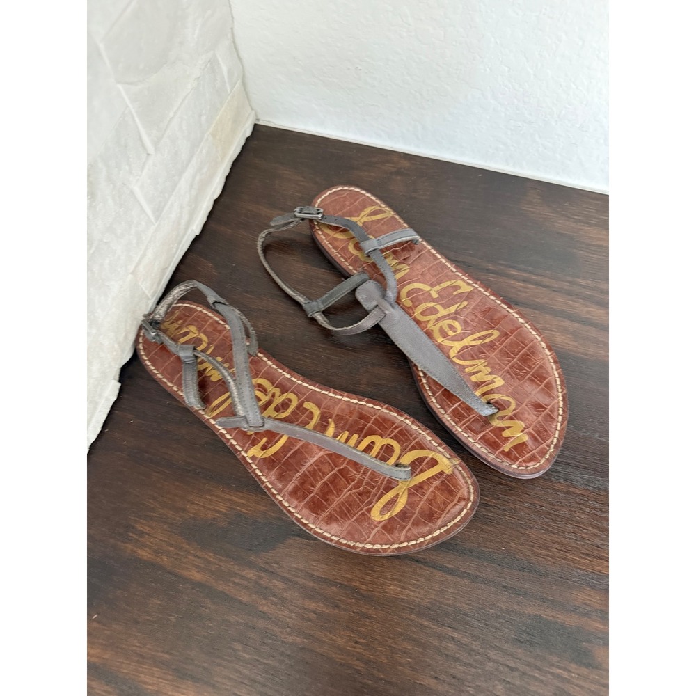 Sam Edelman Gigi Metallic Pewter Leather Thong Sandals Womens 8M Croc Embossed